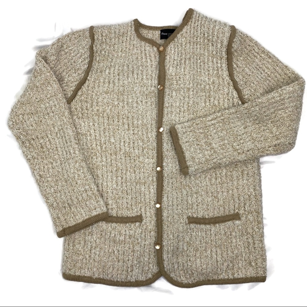 Vintage Pamela Roberts Curly Weave cream color Button Cardigan with Tan Trim Med